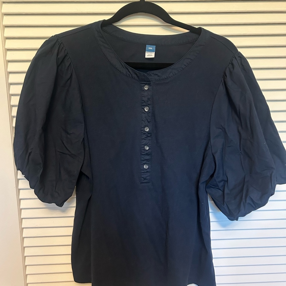 Old Navy Mixed Knit/Woven Puff Sleeve Henley